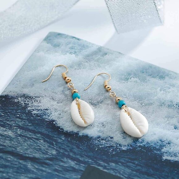 Boho Cowrie Shell Turquoise Gold Earrings for Women - Dangle Body Jewelry - Picture 6 of 8